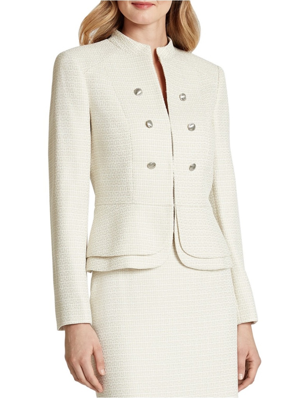 Tahari Levine Khaki Ivory Tweed Double-Breasted Suit Blazer Skirt NWT 6 Peplum